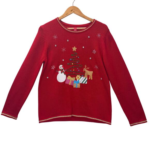 Womens Red & Gold Snowman Reindeer Christmas Tree Ugly Sweater Holiday Sz M - Picture 1 of 8